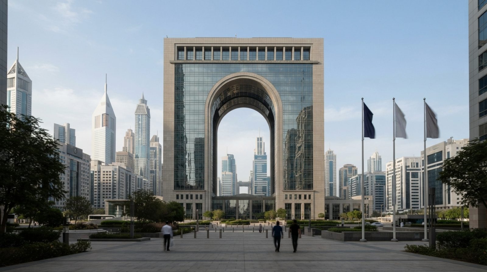 Illustration: Modern architectural view of the Dubai International Financial Centre gate building reflecting clear blue sky, with modern steel and gla