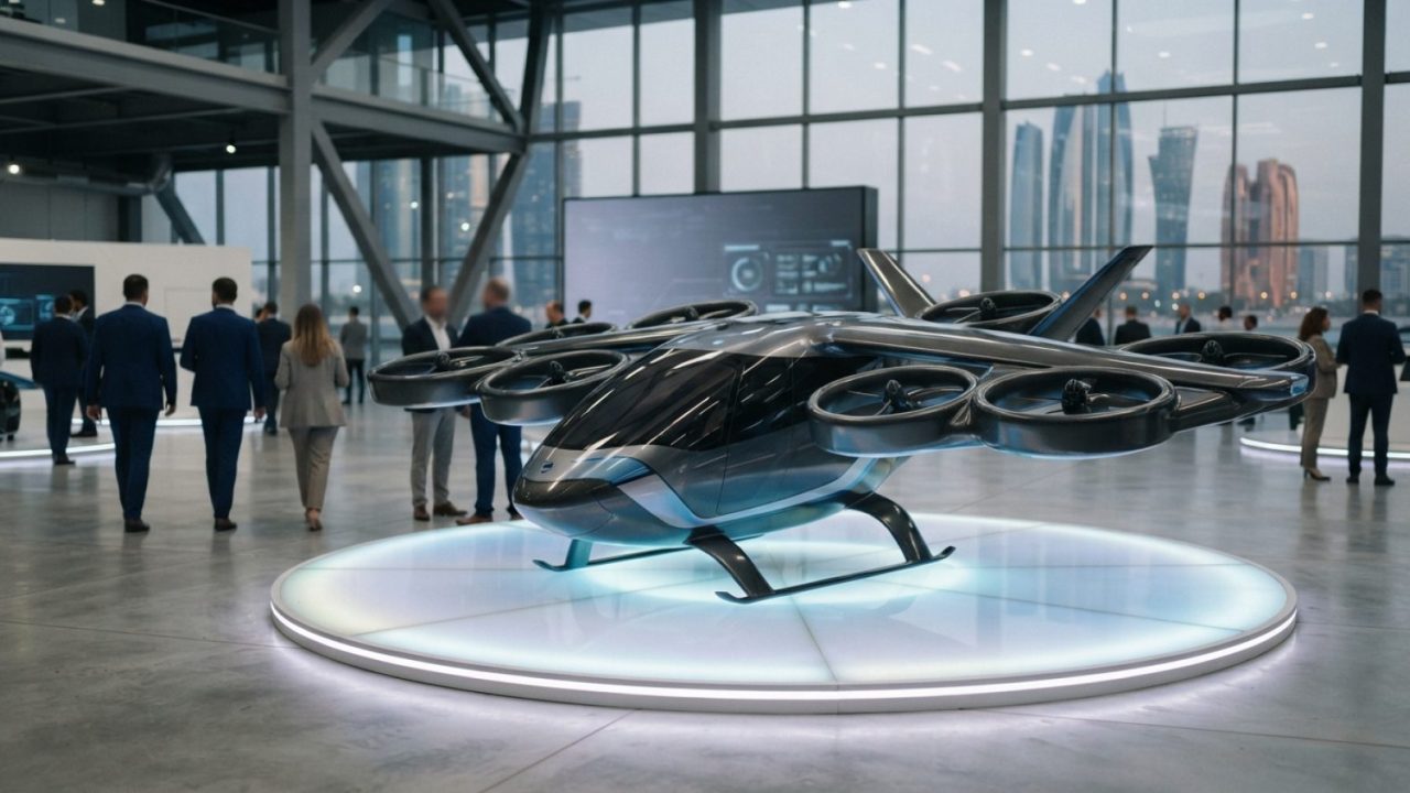 Illustration: An editorial news photo of a futuristic electric vertical takeoff and landing modular flying car displayed on an illuminated floor insid