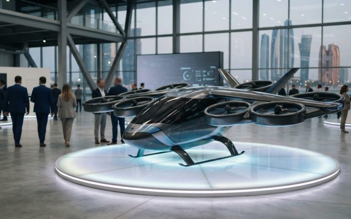 Illustration: An editorial news photo of a futuristic electric vertical takeoff and landing modular flying car displayed on an illuminated floor insid