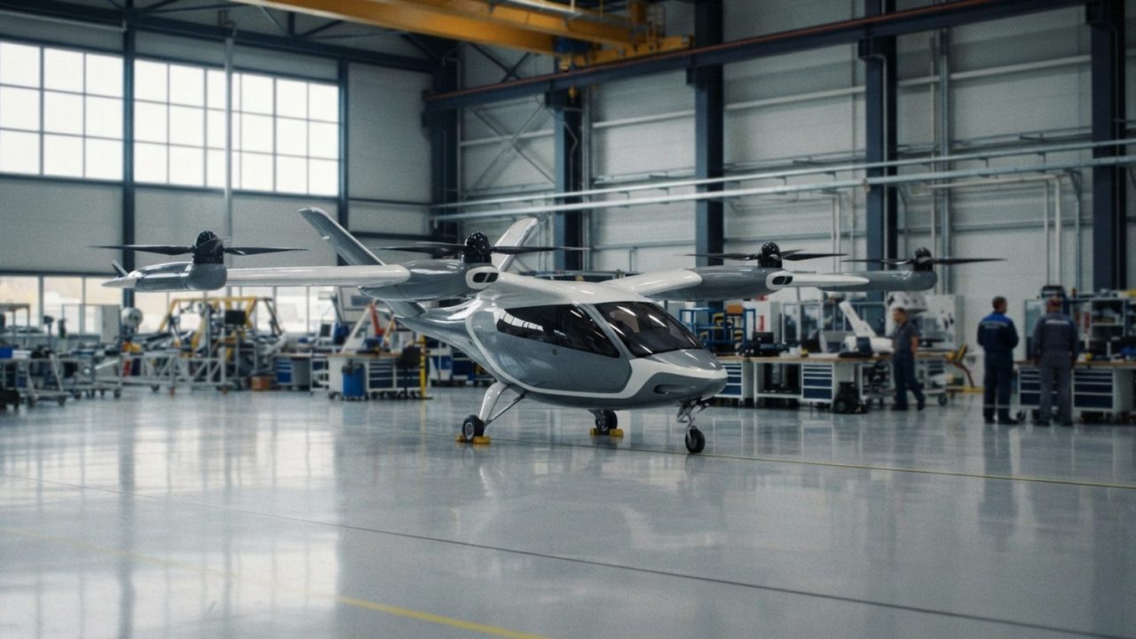 Illustration: A modern electric vertical takeoff and landing passenger aircraft prototype parked inside a high-tech manufacturing hangar with clean re