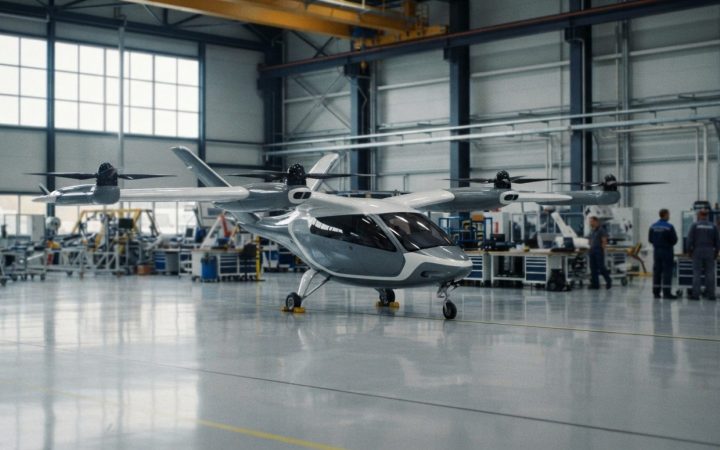 Illustration: A modern electric vertical takeoff and landing passenger aircraft prototype parked inside a high-tech manufacturing hangar with clean re