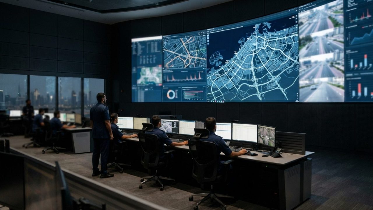Illustration: Editorial photograph of a modern high-tech police operations and monitoring centre in Dubai, featuring large digital displays showing tr