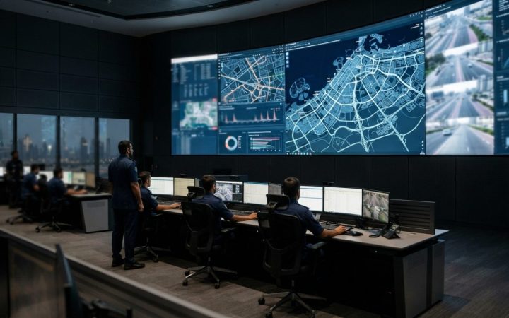 Illustration: Editorial photograph of a modern high-tech police operations and monitoring centre in Dubai, featuring large digital displays showing tr