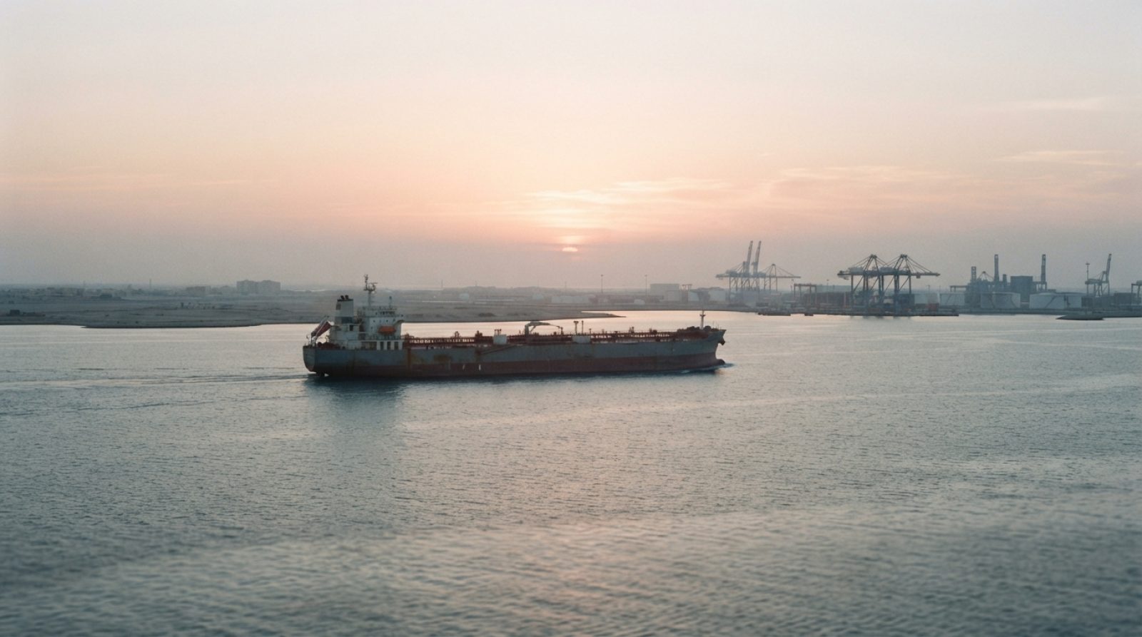 Illustration: An oil tanker navigating calm Persian Gulf waters near the coastline of the United Arab Emirates at dawn, industrial port visible on the