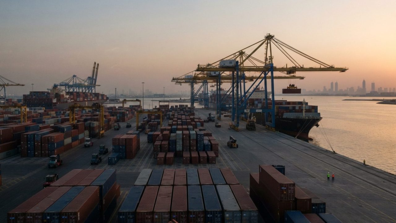 Illustration: Commercial container terminal along the Persian Gulf with large container ships berthed at docks, rows of stacked shipping containers, a
