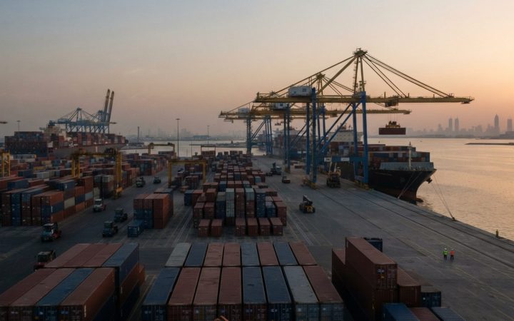 Illustration: Commercial container terminal along the Persian Gulf with large container ships berthed at docks, rows of stacked shipping containers, a