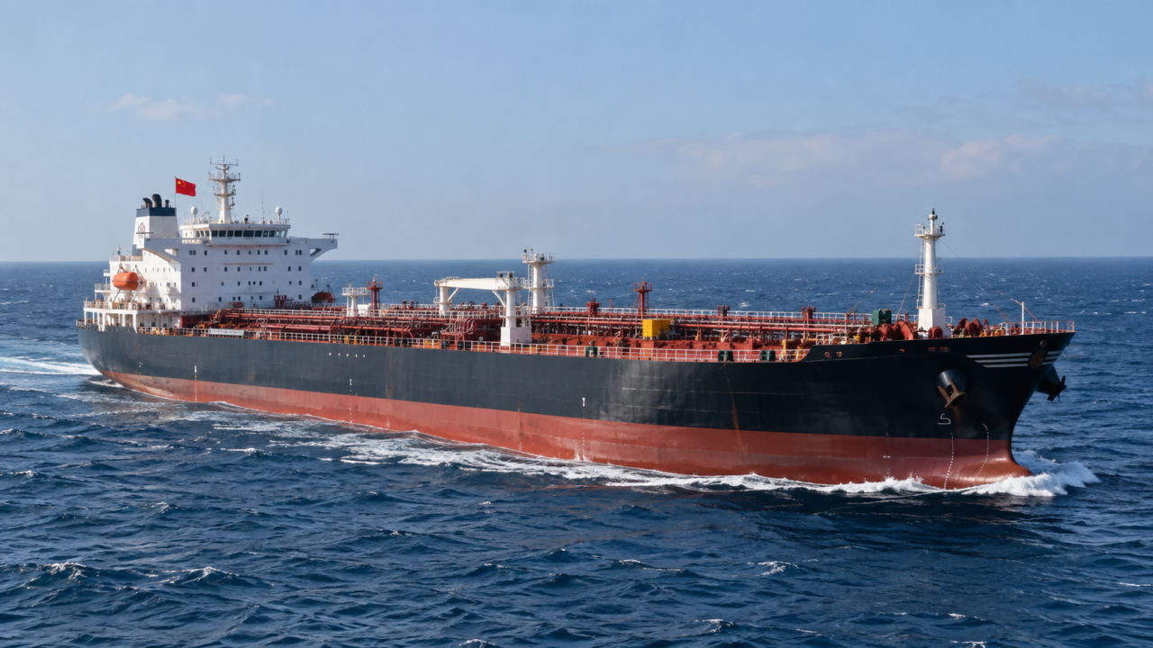 Large oil tanker flying the Chinese flag sailing through open blue waters