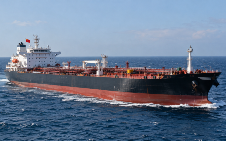 Large oil tanker flying the Chinese flag sailing through open blue waters