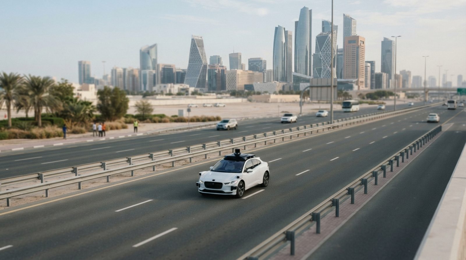 Illustration: An autonomous modern electric passenger vehicle equipped with rooftop lidar and sensor arrays driving along a wide modern multilane urba