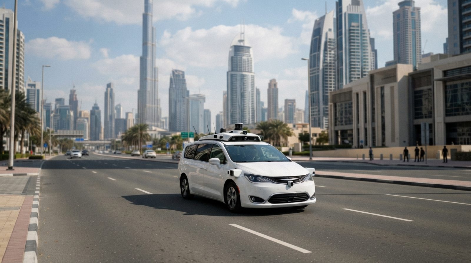Illustration: A modern autonomous white robotaxi with rooftop sensor hardware navigating an open city boulevard flanked by futuristic modern architect