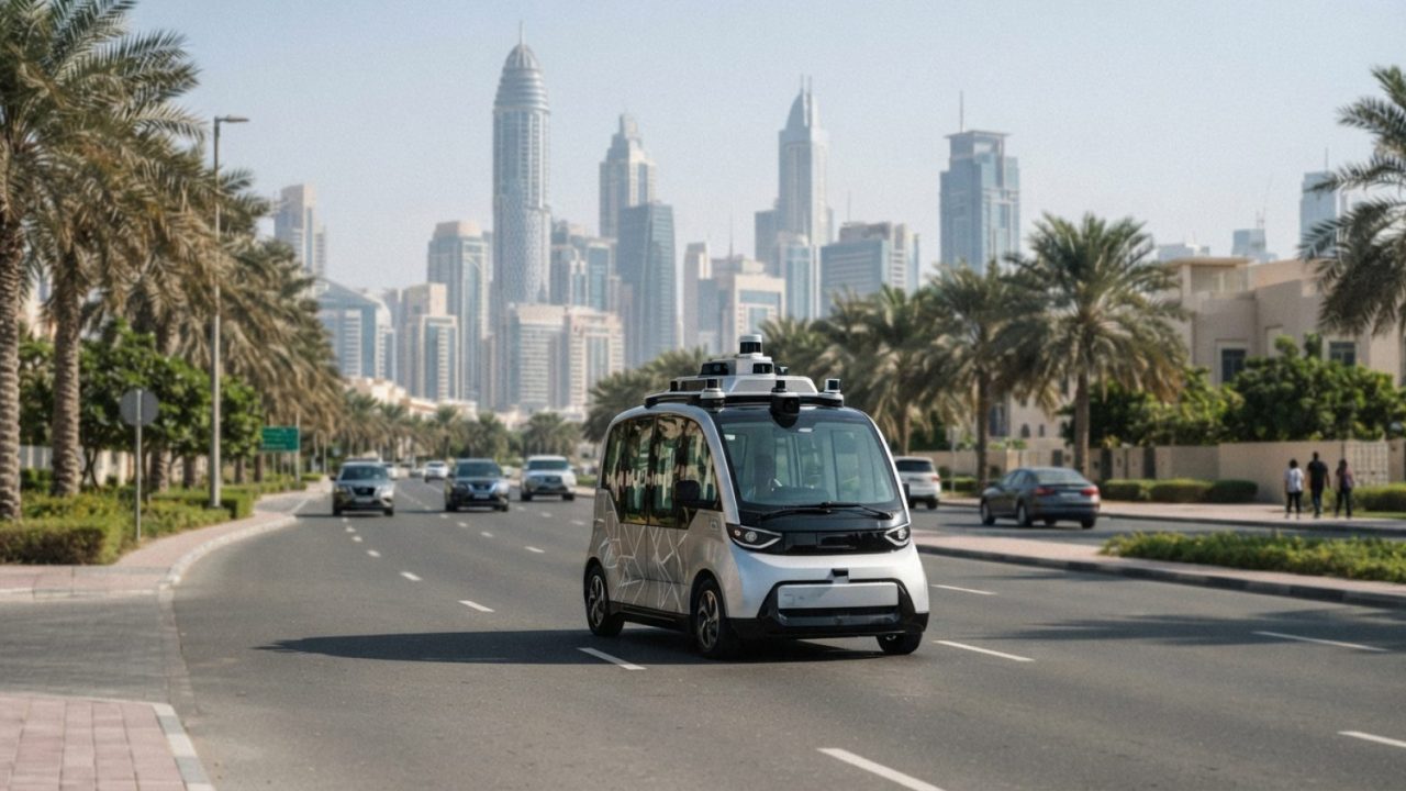 Illustration: A modern autonomous passenger vehicle equipped with roof lidar sensors and camera arrays navigating a broad multi-lane urban boulevard i