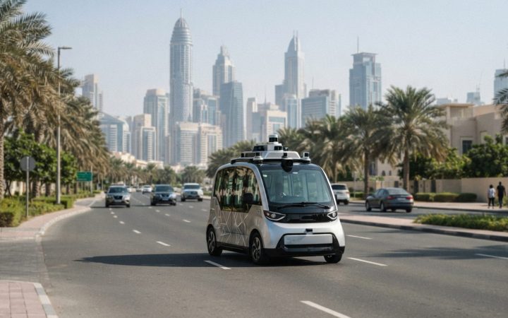 Illustration: A modern autonomous passenger vehicle equipped with roof lidar sensors and camera arrays navigating a broad multi-lane urban boulevard i