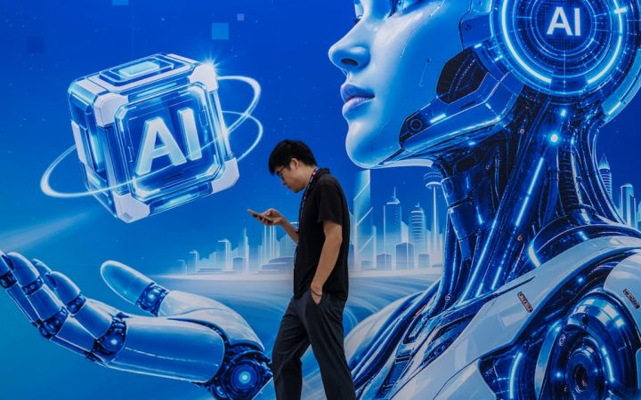 Man walking past a large futuristic artificial intelligence robot backdrop at a technology exhibition