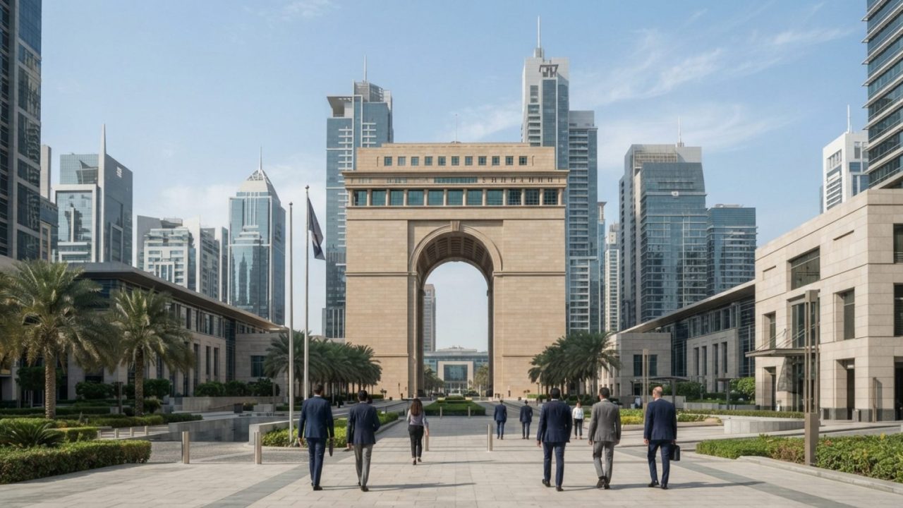 Illustration: A modern architectural view of the Dubai International Financial Centre gate building and surrounding glass office towers under clear da