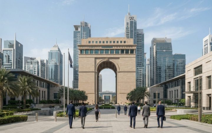 插图：晴日下迪拜国际金融中心门楼建筑及周边玻璃办公大楼的现代建筑景观