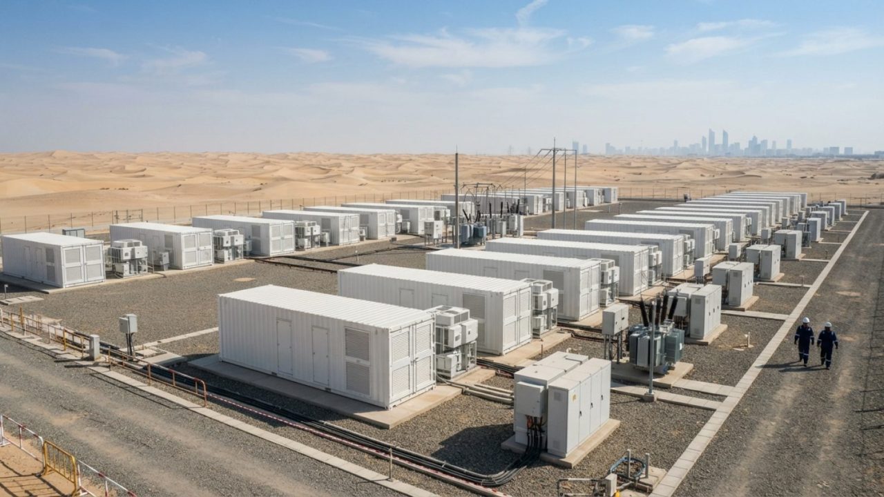 Illustration: A modern utility-scale battery energy storage facility in an arid desert landscape near Abu Dhabi, showing neat rows of white industrial