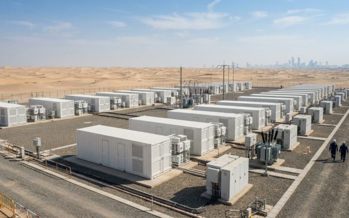 Illustration: A modern utility-scale battery energy storage facility in an arid desert landscape near Abu Dhabi, showing neat rows of white industrial
