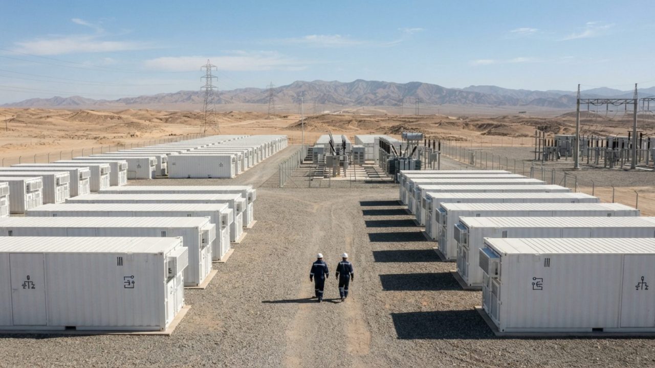Illustration: A modern grid-scale battery energy storage facility in a sunlit desert landscape under clear blue skies, showing rows of white modular s