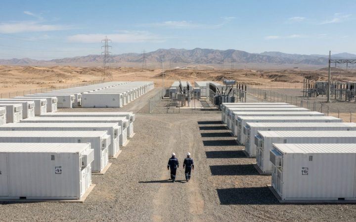 Illustration: A modern grid-scale battery energy storage facility in a sunlit desert landscape under clear blue skies, showing rows of white modular s