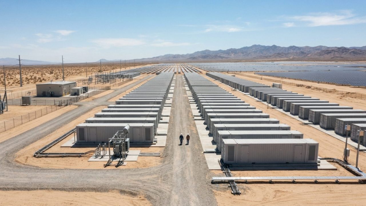 Illustration: Rows of utility-scale industrial containerized battery energy storage systems installed under bright sunlight in a desert renewable ener