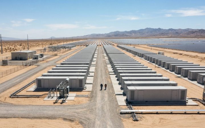 Illustration: Rows of utility-scale industrial containerized battery energy storage systems installed under bright sunlight in a desert renewable ener