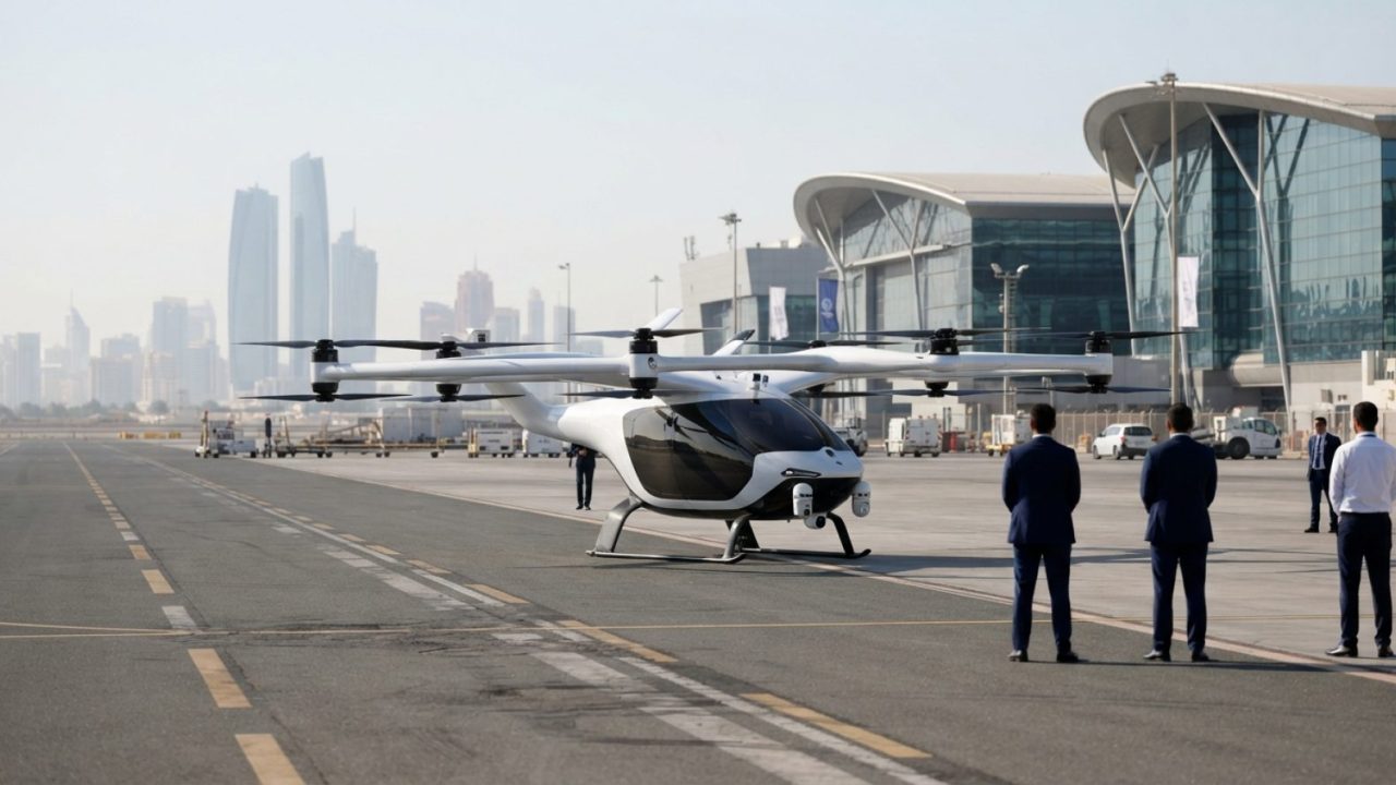Illustration: Editorial photograph of a futuristic prototype electric vertical takeoff aircraft displayed on an airport runway apron in the United Ara