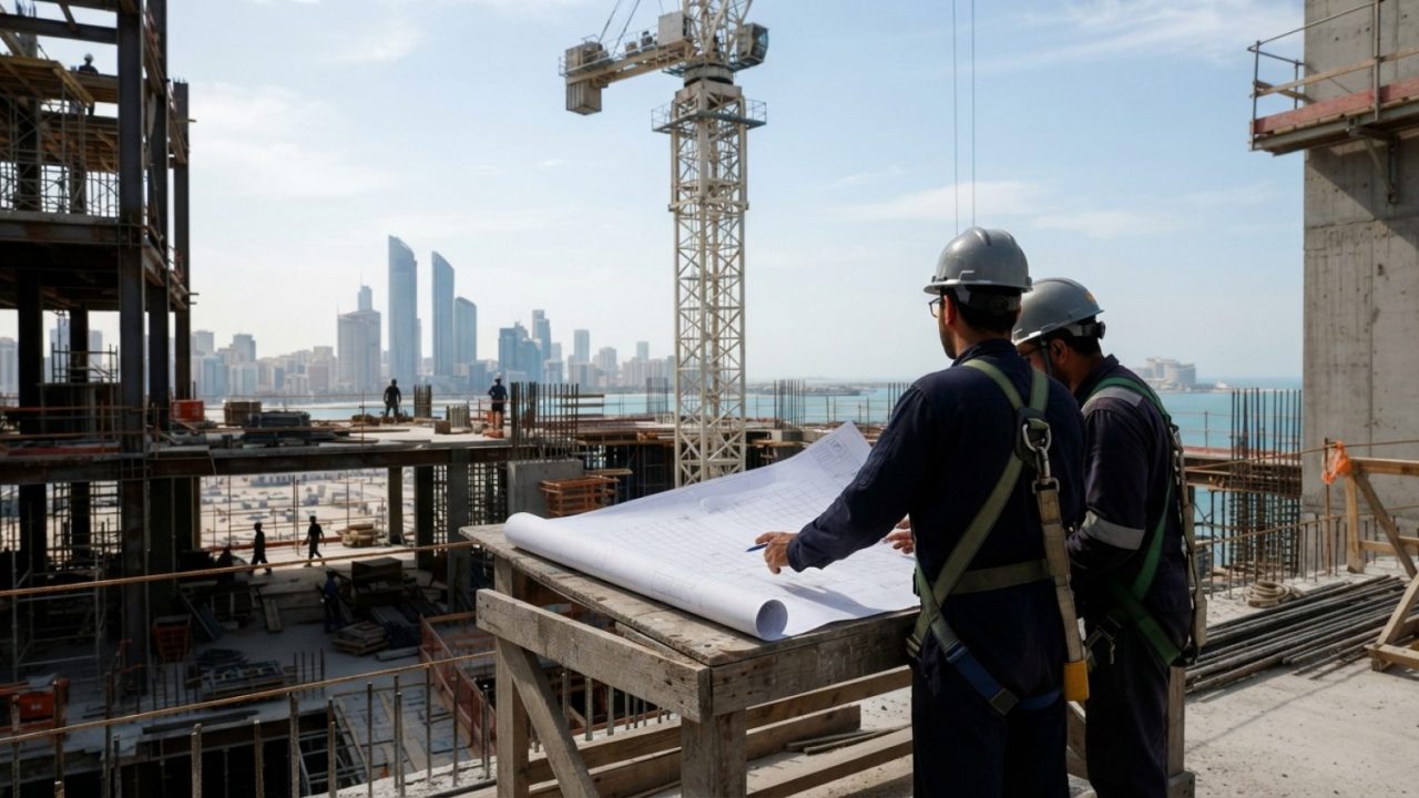 Illustration: Modern architectural construction site in a Gulf metropolis with tower cranes and steel frameworks under clear daylight, featuring engin