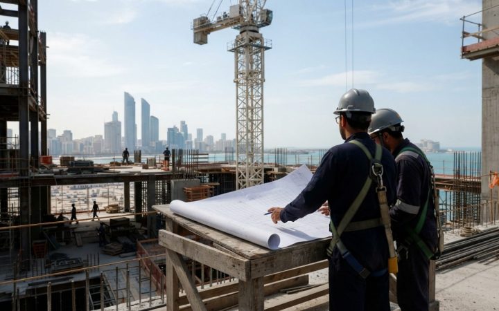 Illustration: Modern architectural construction site in a Gulf metropolis with tower cranes and steel frameworks under clear daylight, featuring engin