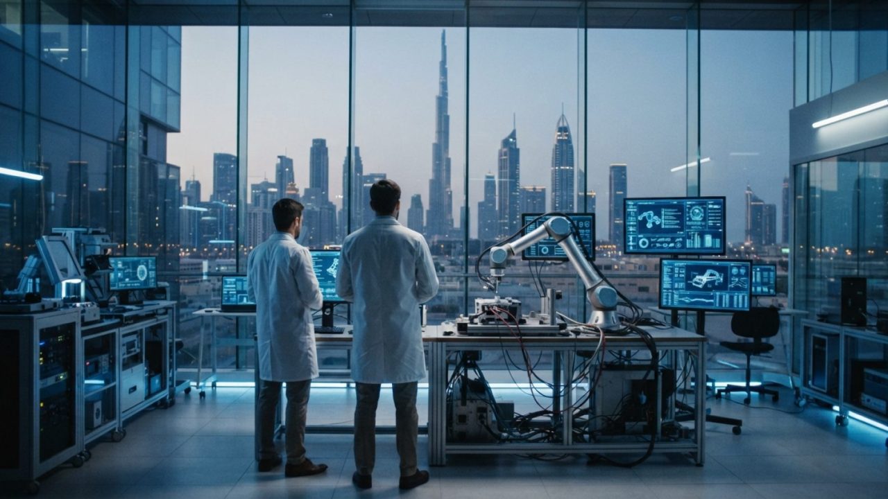 Illustration: A modern technological showcase laboratory in Dubai with glowing digital screens and robotic hardware, featuring sleek glass architectur