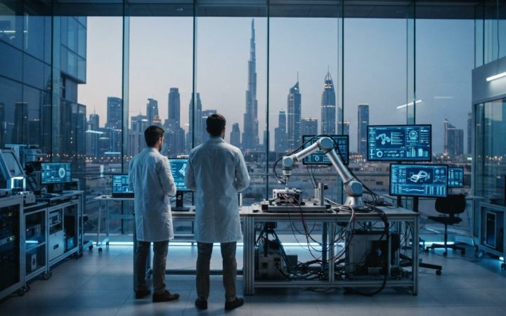 Illustration: A modern technological showcase laboratory in Dubai with glowing digital screens and robotic hardware, featuring sleek glass architectur