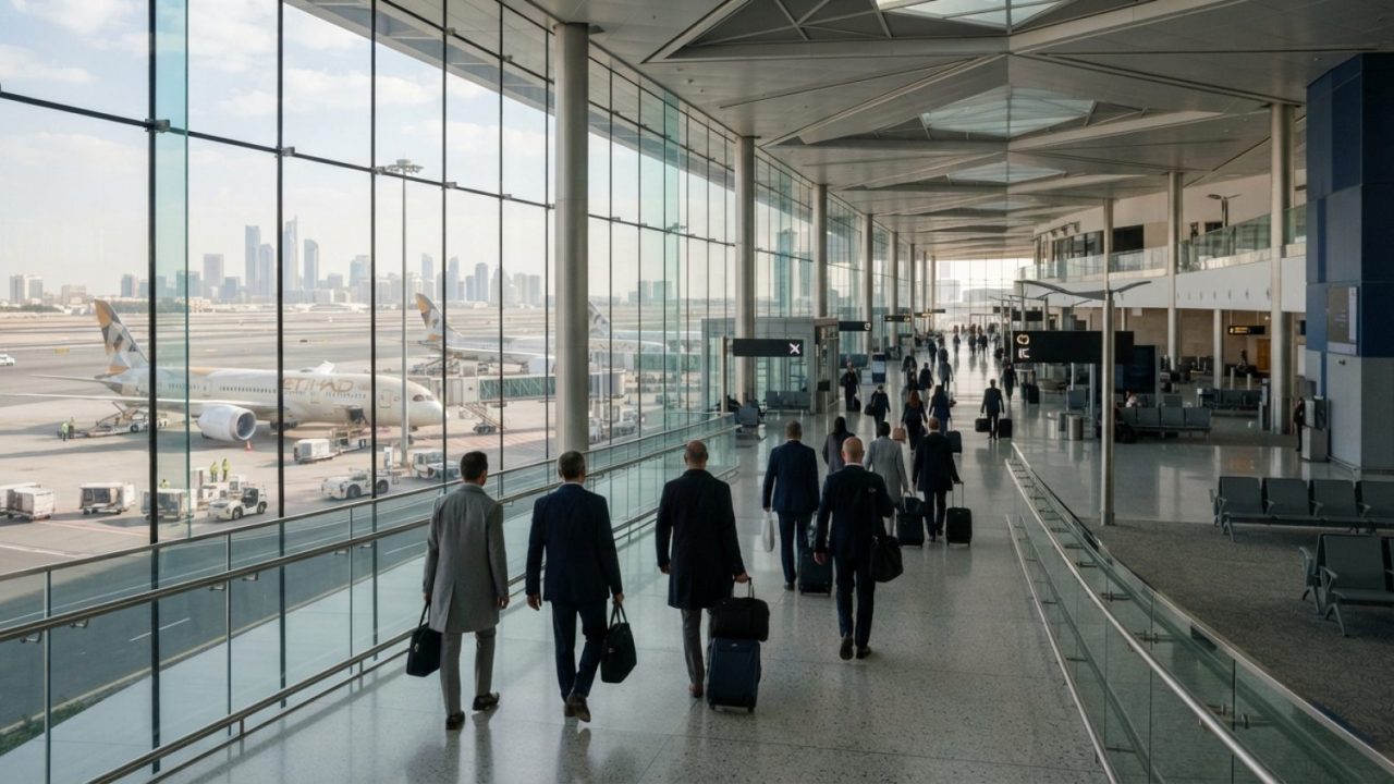 Illustration: A modern airport international departures terminal concourse with floor-to-ceiling glass windows overlooking a sunlit runway and jetline