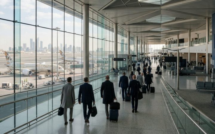 Illustration: A modern airport international departures terminal concourse with floor-to-ceiling glass windows overlooking a sunlit runway and jetline
