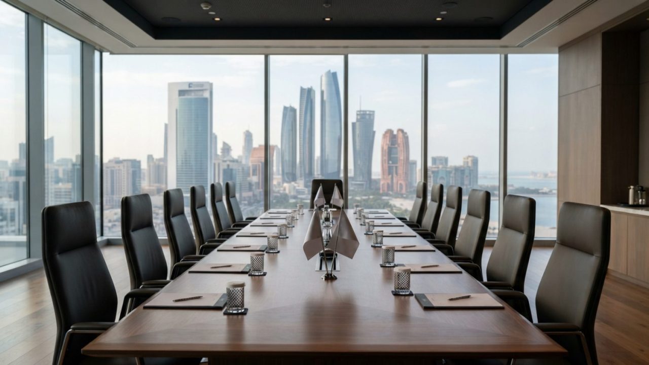 Illustration: A modern, sunlit corporate executive boardroom in the UAE with floor-to-ceiling glass windows showing contemporary city skyscrapers, fea