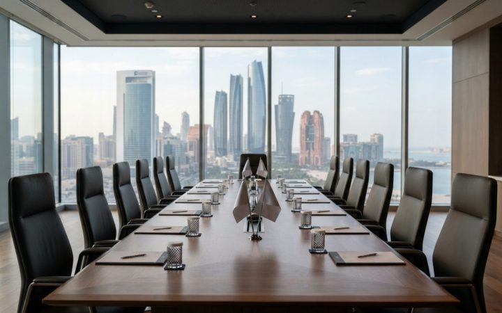 Illustration: A modern, sunlit corporate executive boardroom in the UAE with floor-to-ceiling glass windows showing contemporary city skyscrapers, fea