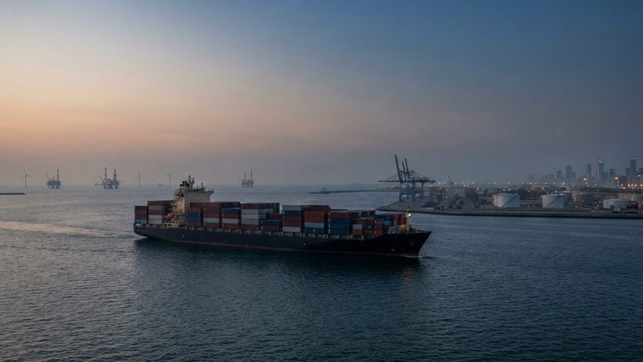 Illustration: A commercial cargo vessel navigating calm sea waters near an industrial coastline at dusk, showing shipping containers stacked on deck w