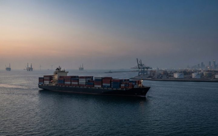 Illustration: A commercial cargo vessel navigating calm sea waters near an industrial coastline at dusk, showing shipping containers stacked on deck w