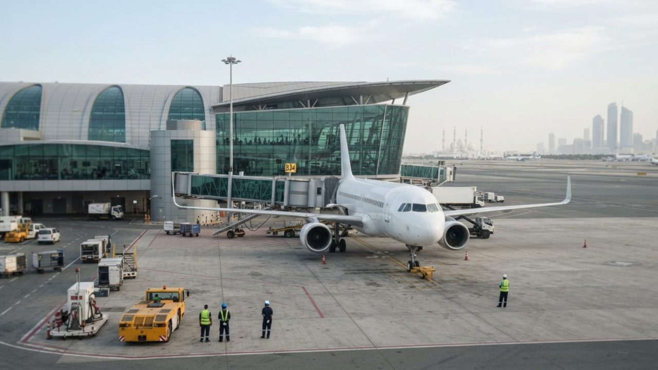 Illustration: A modern commercial Airbus A320neo passenger aircraft parked at a terminal gate of a sleek contemporary international airport in Abu Dha