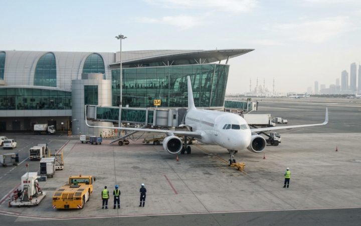 Illustration: A modern commercial Airbus A320neo passenger aircraft parked at a terminal gate of a sleek contemporary international airport in Abu Dha
