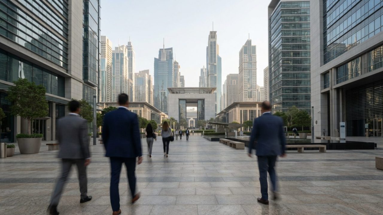 Illustration: Editorial documentary photograph showing modern corporate office towers in the Dubai International Financial Centre under soft natural m