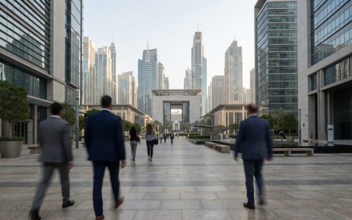 Illustration: Editorial documentary photograph showing modern corporate office towers in the Dubai International Financial Centre under soft natural m