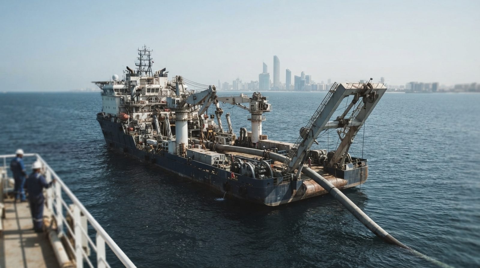 Illustration: An offshore pipelay vessel operating on calm deep-blue sea waters, lowering subsea pipelines into the ocean with specialized cranes and
