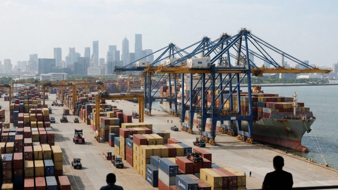 Illustration: A busy commercial container shipping terminal with massive container cranes, stacked multi-colored shipping containers, and a large carg
