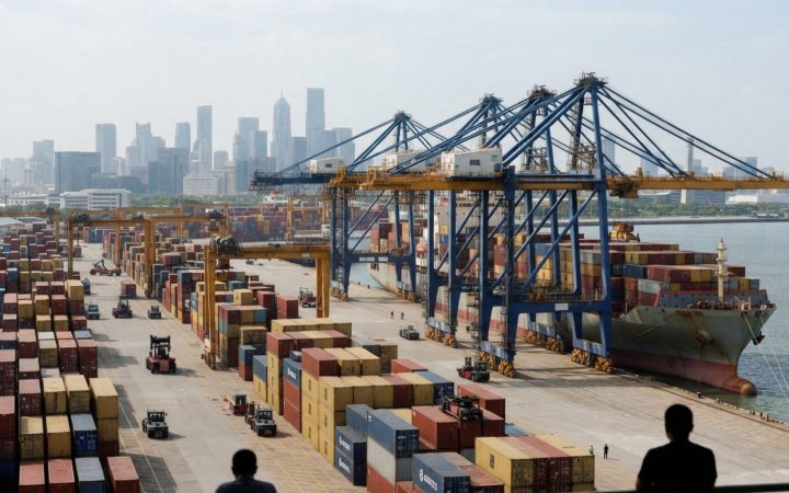 Illustration: A busy commercial container shipping terminal with massive container cranes, stacked multi-colored shipping containers, and a large carg