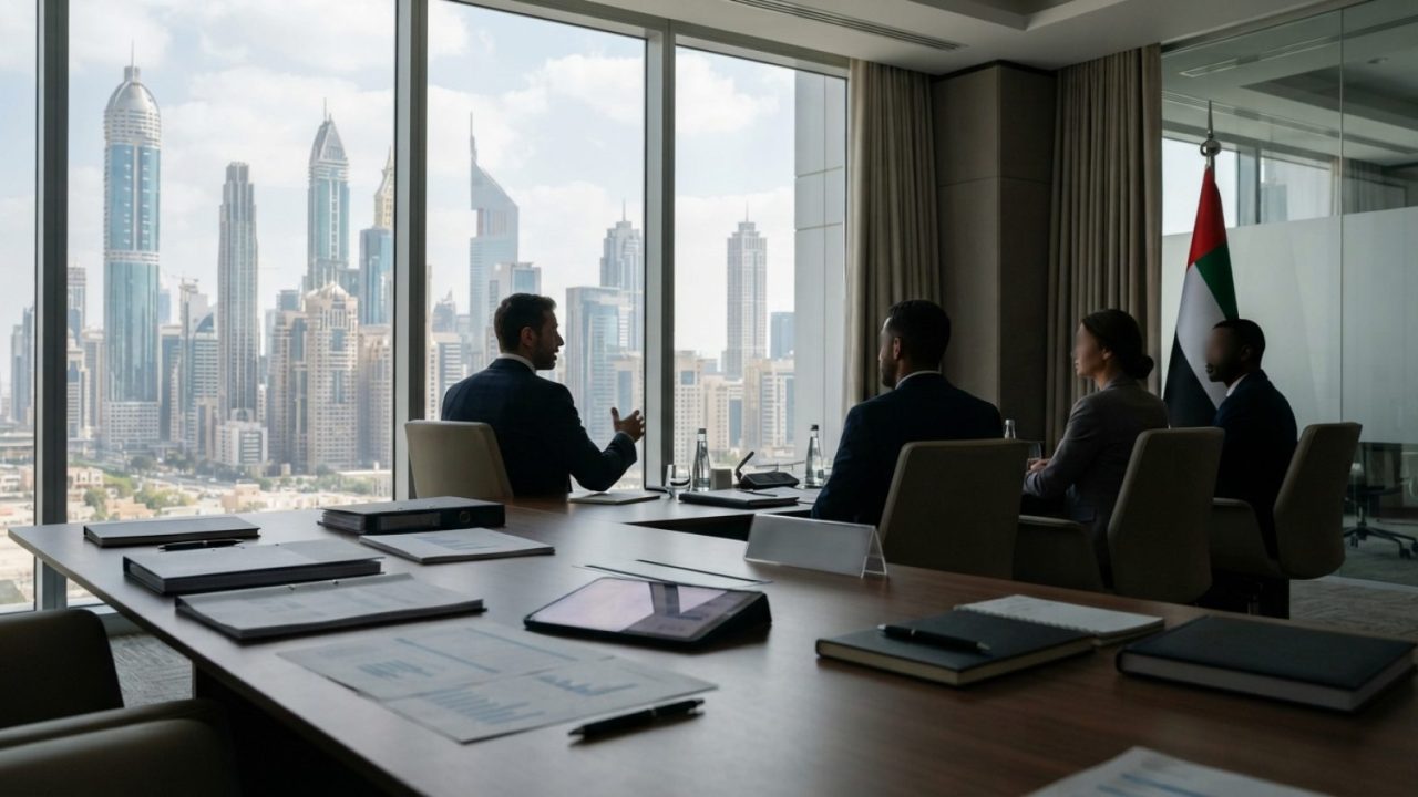 Illustration: A modern corporate office conference room in Dubai overlooking financial district high-rise towers, with business documents, spreadsheet