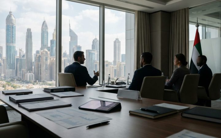 Illustration: A modern corporate office conference room in Dubai overlooking financial district high-rise towers, with business documents, spreadsheet