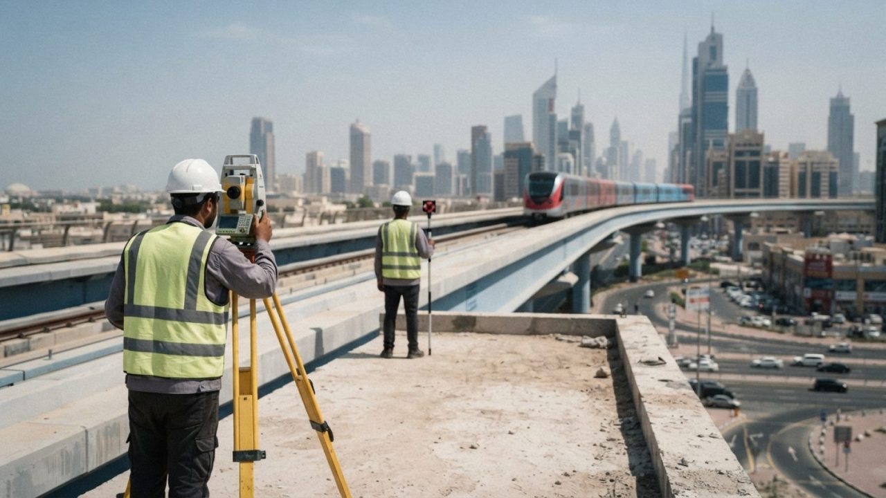 Illustration: A modern metro construction viaduct and elevated rail infrastructure in Dubai during daylight, showing survey equipment on a tripod over