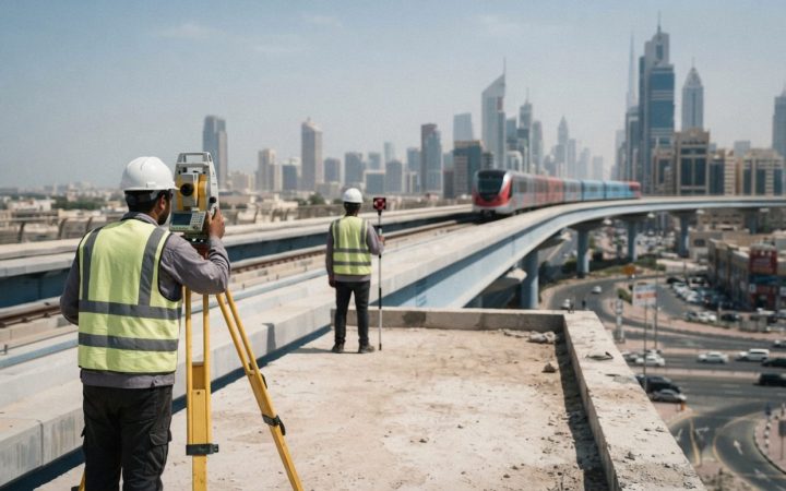Illustration: A modern metro construction viaduct and elevated rail infrastructure in Dubai during daylight, showing survey equipment on a tripod over