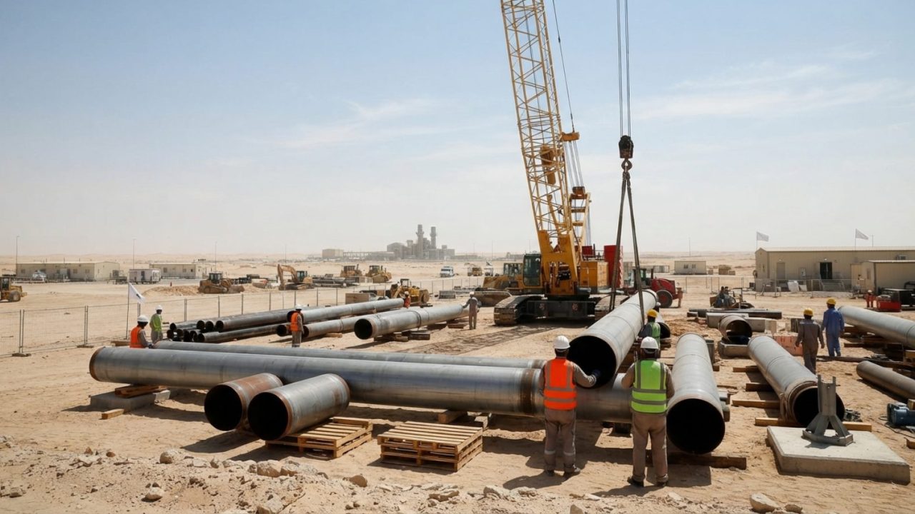 Illustration: Heavy industrial manufacturing facility construction inside an arid desert energy park, showing large seamless steel pipes and cranes un
