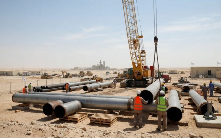 Illustration: Heavy industrial manufacturing facility construction inside an arid desert energy park, showing large seamless steel pipes and cranes un