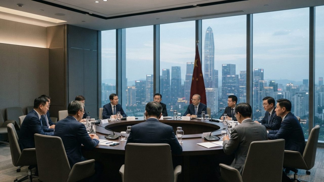 Illustration: A modern executive conference room in a high-rise building with large glass windows overlooking the Shenzhen urban skyline, arranged wit